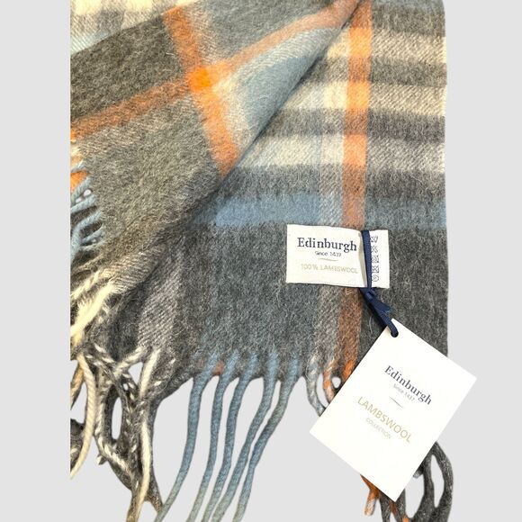 EDINBURGH 100% LAMBSWOOL SCARF CHEQUER ORANGE GREY BLUE (24534) 56x12 NWT - Picture 4 of 4